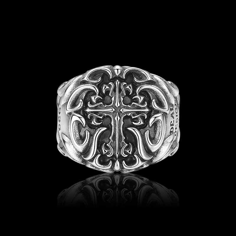 Vintage Textured Cross 925 Sterling Silver Wide Ring 01 | RoyalLuster.com