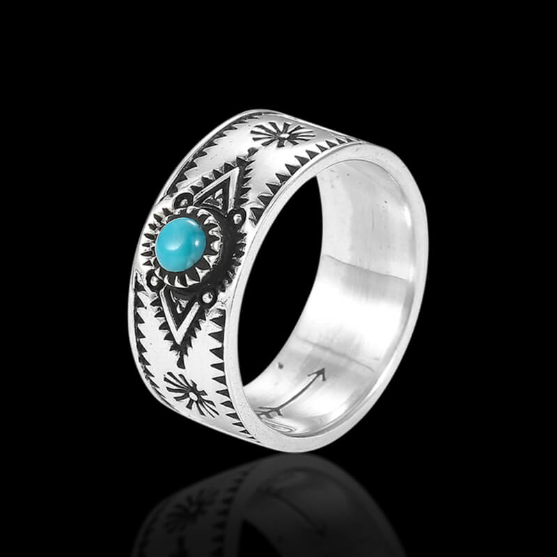 Vintage Turquoise Serrated Pattern 925 Sterling Silver Ring 01 | RoyalLuster.com