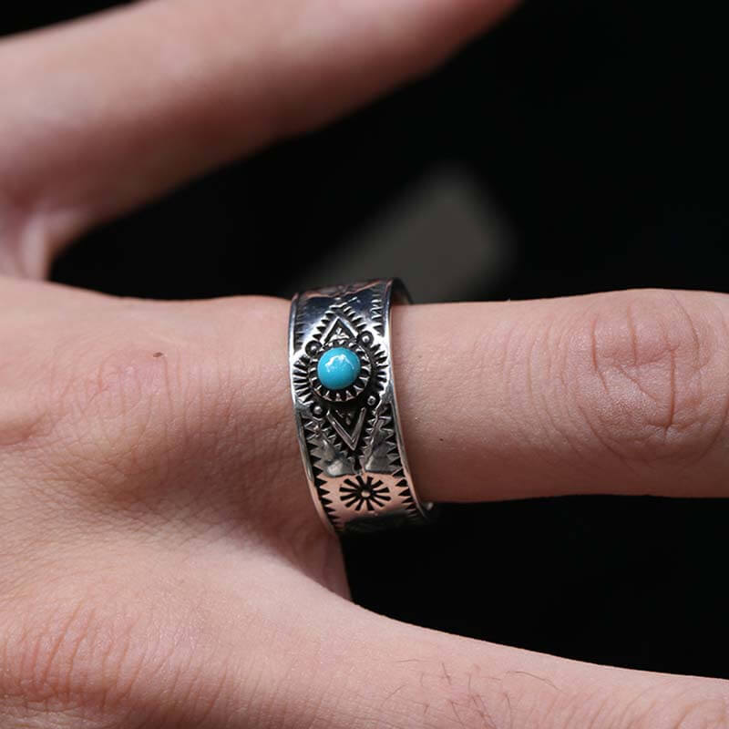 Vintage Turquoise Serrated Pattern 925 Sterling Silver Ring 02 | RoyalLuster.com
