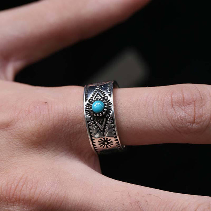 Vintage Turquoise Serrated Pattern 925 Sterling Silver Ring 02 | RoyalLuster.com