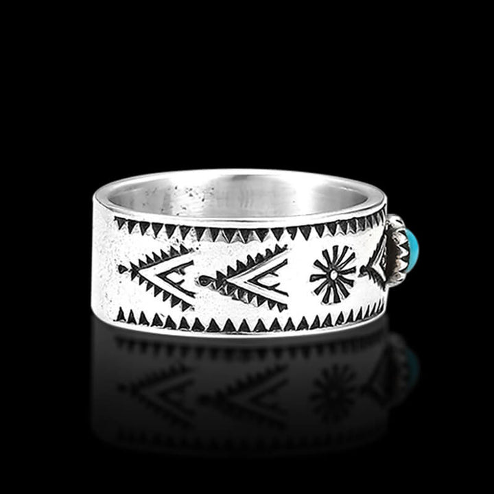 Vintage Turquoise Serrated Pattern 925 Sterling Silver Ring
