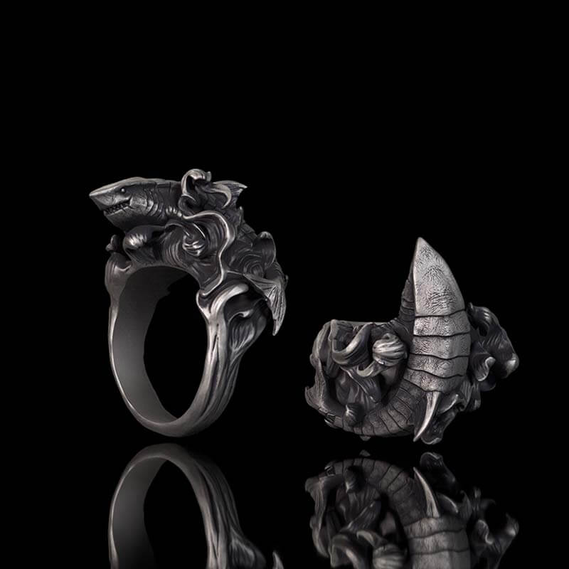Vintage Fierce Shark Ocean Wave Sterling Silver Ring 01 | RoyalLuster.com