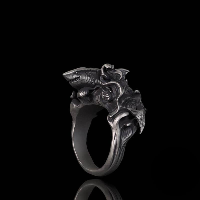 Vintage Fierce Shark Ocean Wave Sterling Silver Ring 02 | RoyalLuster.com
