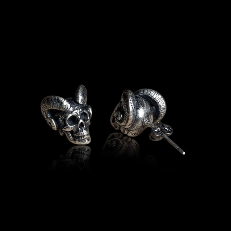 Vintage Goat Head Skull 925 Sterling Silver Stud Earrings