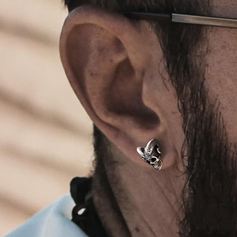 Vintage Goat Head Skull 925 Sterling Silver Stud Earrings