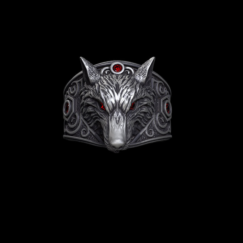 Vintage Red Eyed Wolf Zircon Sterling Silver Ring | RoyalLuster.com