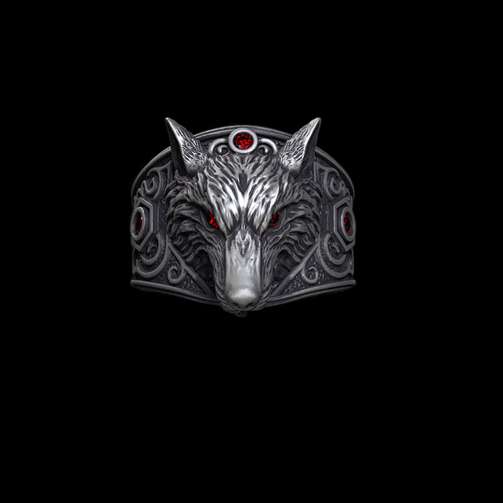 Vintage Red Eyed Wolf Zircon Sterling Silver Ring | RoyalLuster.com