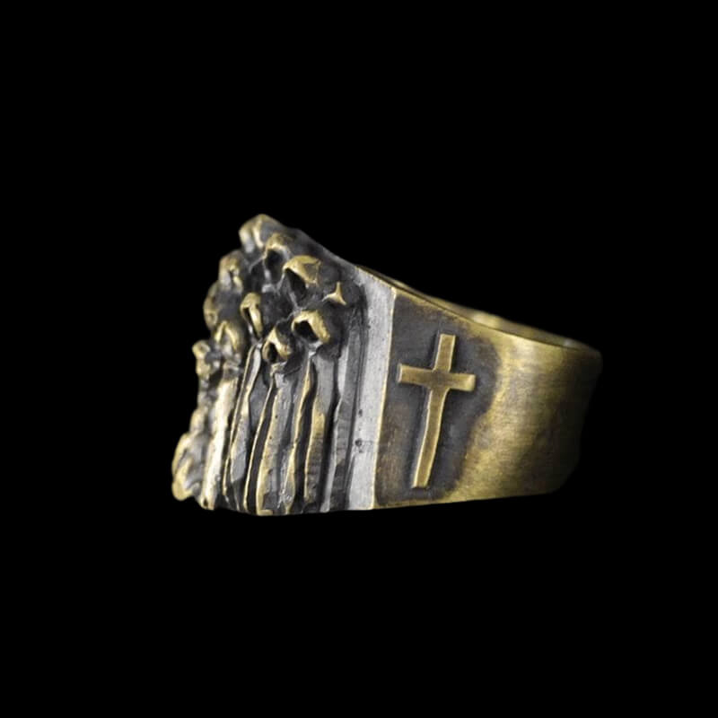 Vintage Ruin Cross Brass 925 Sterling Silver Skull Ring