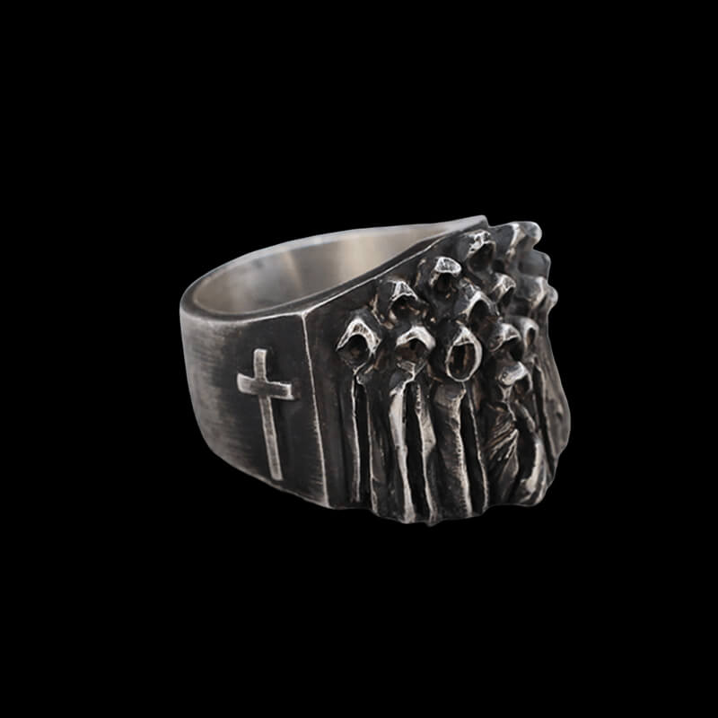 Vintage Ruin Cross Brass 925 Sterling Silver Skull Ring