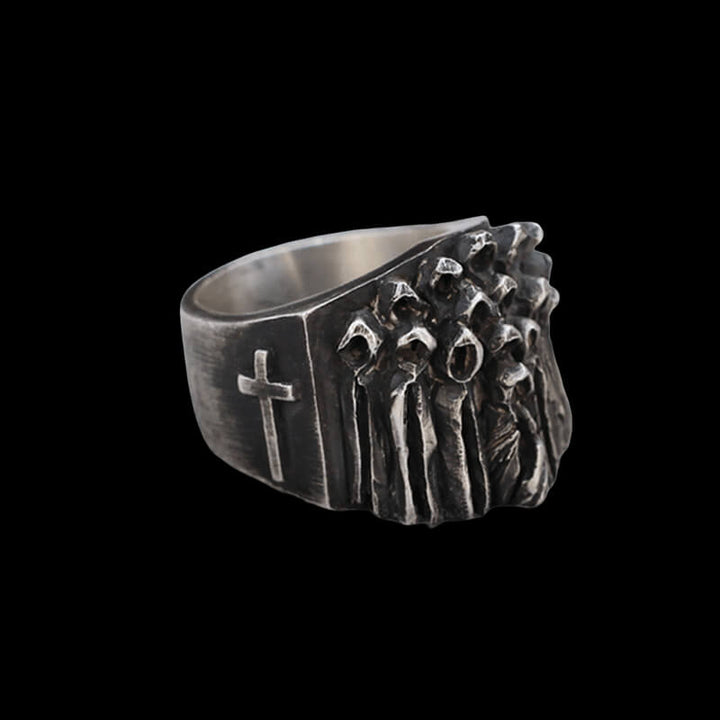 Vintage Ruin Cross Brass 925 Sterling Silver Skull Ring