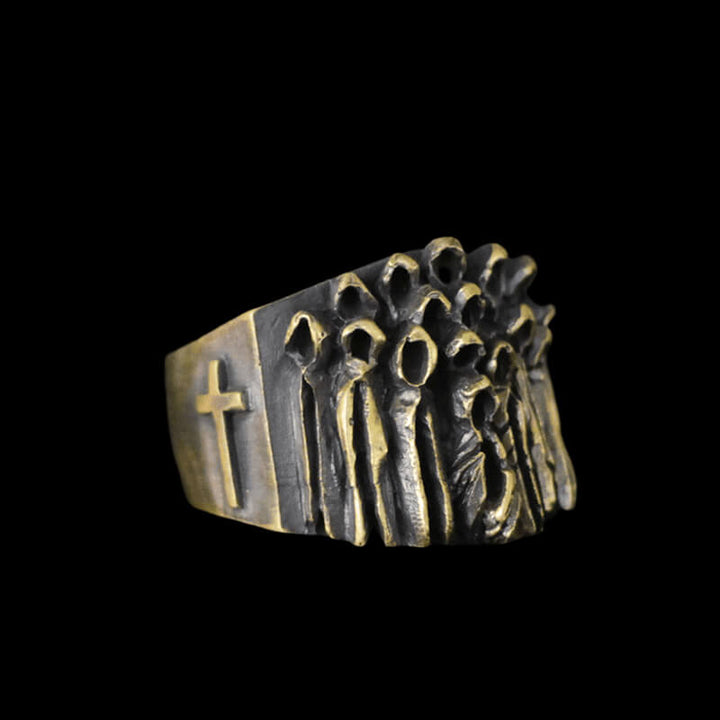Vintage Ruin Cross Brass 925 Sterling Silver Skull Ring
