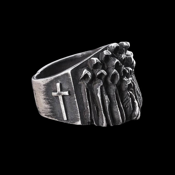 Vintage Ruin Cross Brass 925 Sterling Silver Skull Ring