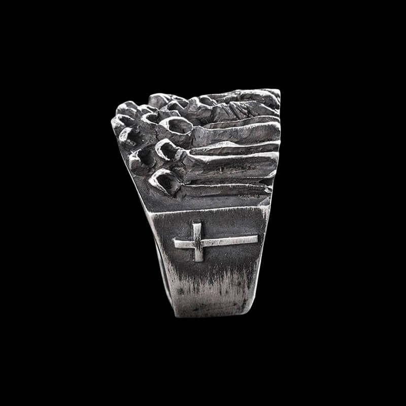 Vintage Ruin Cross Brass 925 Sterling Silver Skull Ring