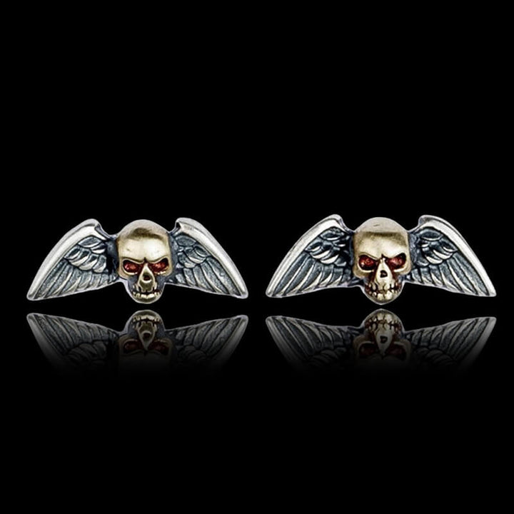 Vintage Skull Wings 925 Sterling Silver Stud Earrings