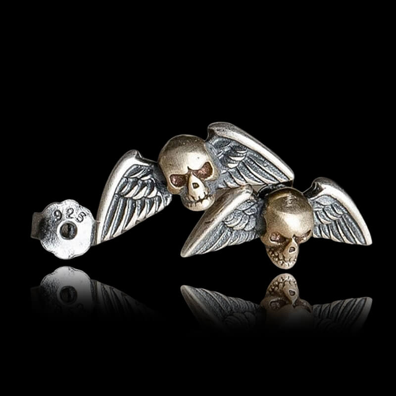 Vintage Skull Wings 925 Sterling Silver Stud Earrings
