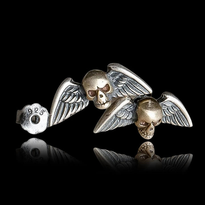 Vintage Skull Wings 925 Sterling Silver Stud Earrings