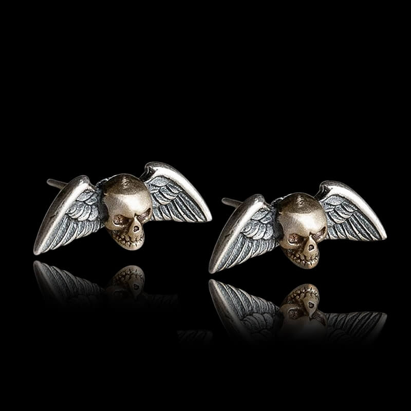 Vintage Skull Wings 925 Sterling Silver Stud Earrings