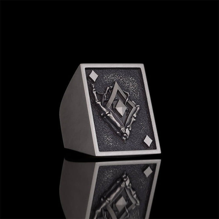 Vintage Square Skull Playing Card Sterling Silver Ring