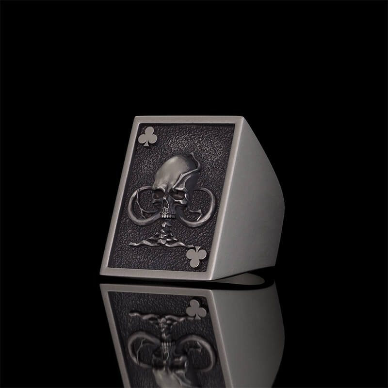 Vintage Square Skull Playing Card Sterling Silver Ring
