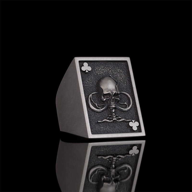 Vintage Square Skull Playing Card Sterling Silver Ring