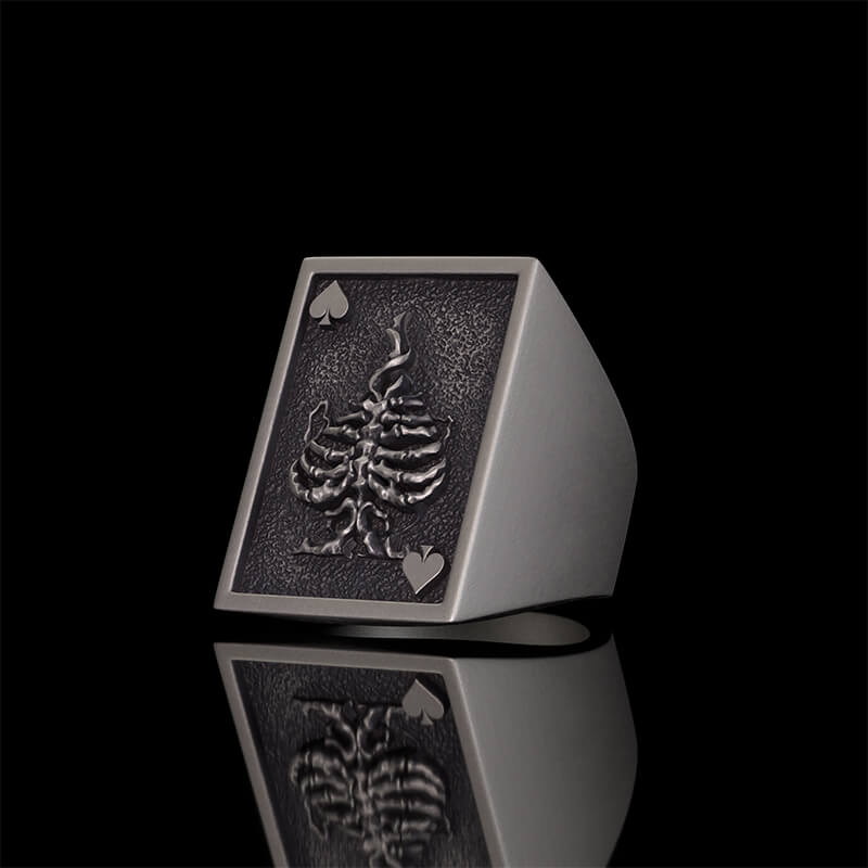 Vintage Square Skull Playing Card Sterling Silver Ring