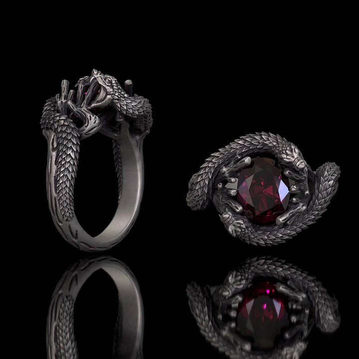 Vintage Two Dragons Playing With Gem Sterling Silver Ring | RoyalLuster.com