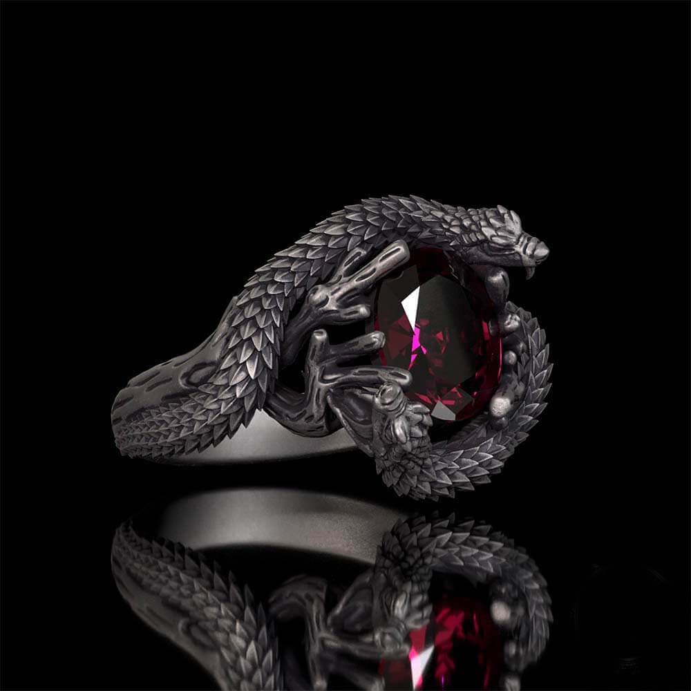 Vintage Two Dragons Playing With Gem Sterling Silver Ring