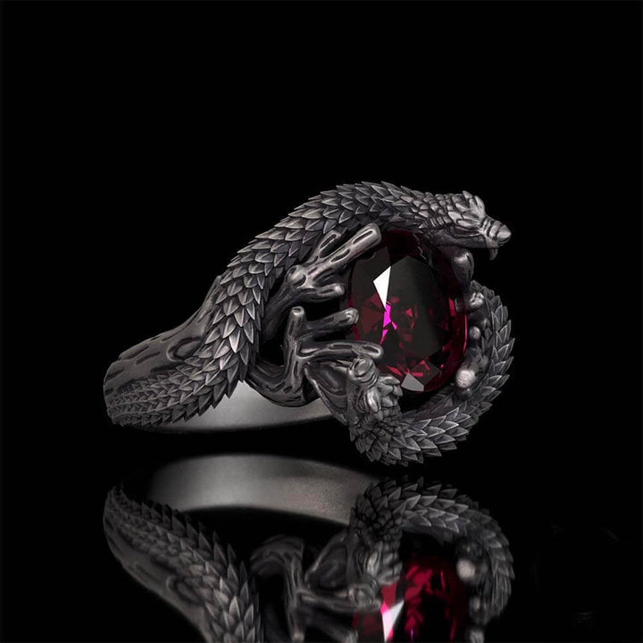 Vintage Two Dragons Playing With Gem Sterling Silver Ring