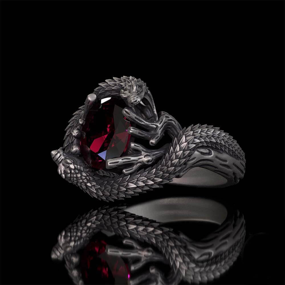 Vintage Two Dragons Playing With Gem Sterling Silver Ring | RoyalLuster.com