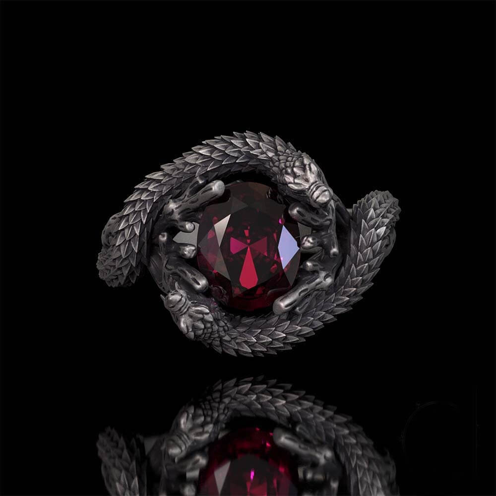 Vintage Two Dragons Playing With Gem Sterling Silver Ring | RoyalLuster.com