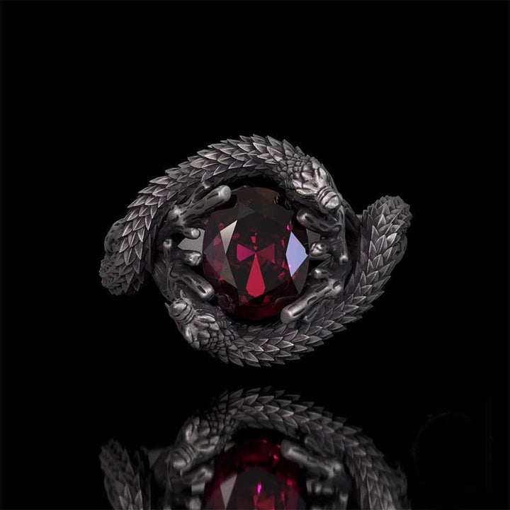 Vintage Two Dragons Playing With Gem Sterling Silver Ring | RoyalLuster.com