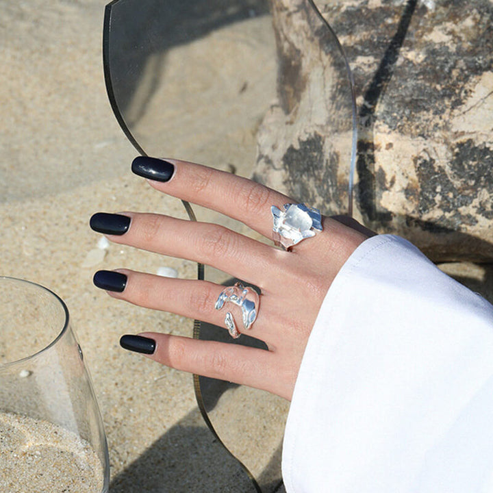 Wide Face Hammered Crystal 925 Sterling Silver Ring