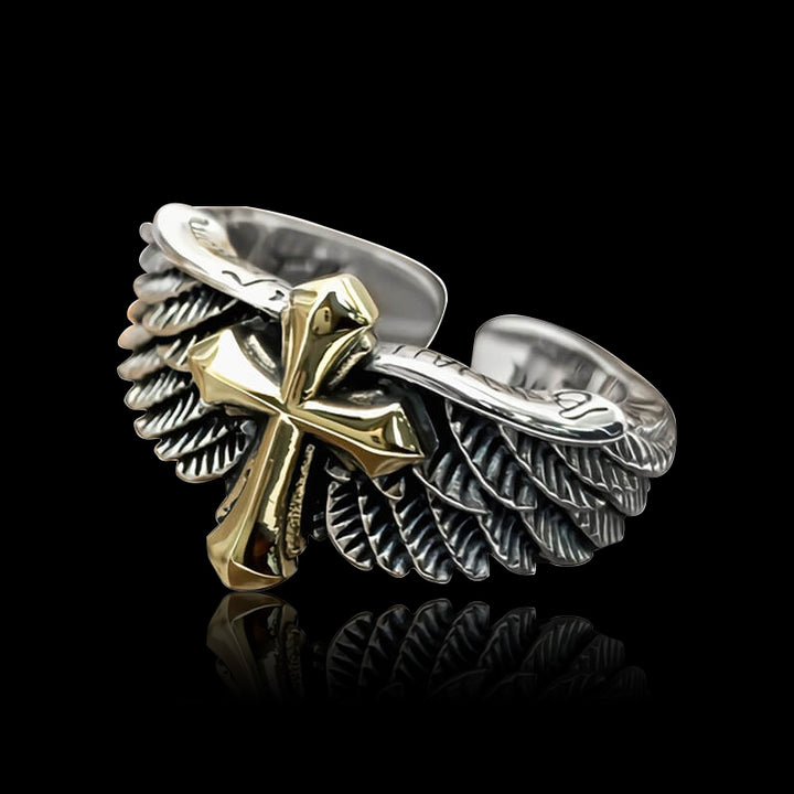 Winged Cross 925 Sterling Open Silver Ring 01 | RoyalLuster.com