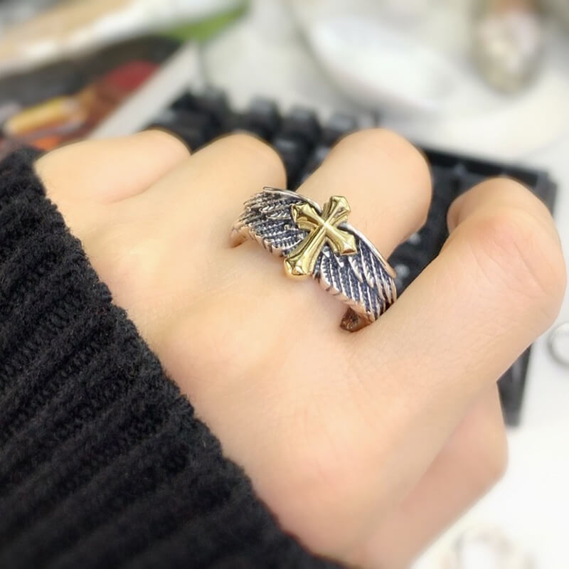 Winged Cross 925 Sterling Open Silver Ring 02 | RoyalLuster.com