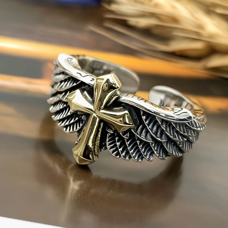 Winged Cross 925 Sterling Open Silver Ring 04 | RoyalLuster.com