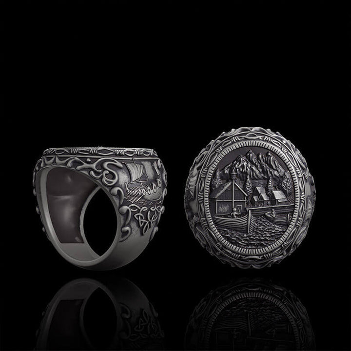 Wooden House Sterling Silver Viking Ring | RoyalLuster.com