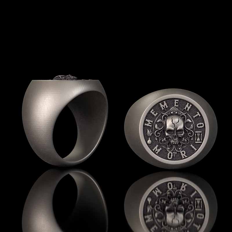 Wreath Skull Memento Mori Letters Sterling Silver Ring 01 | RoyalLuster.com