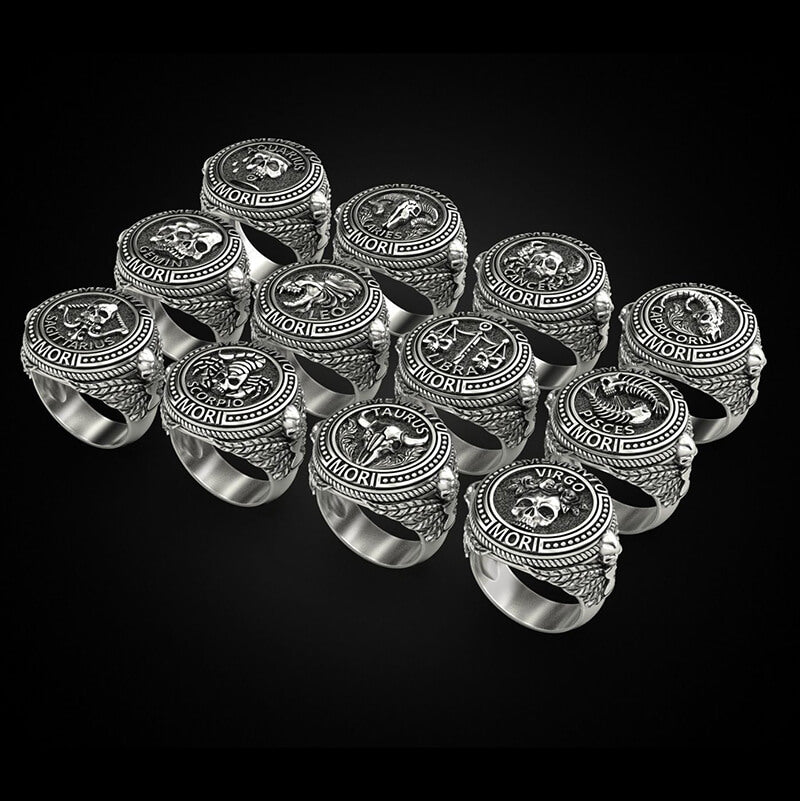 Zodiac Signs 925 Sterling Silver Skull Ring